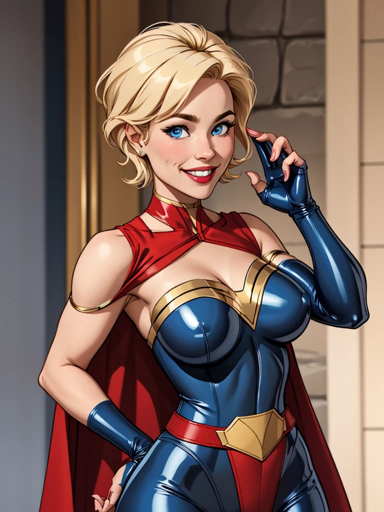 Young female, blonde with short hair, blue eyes, wearing a blue latex heroine outfit, wearing a golden shoulder pad, wearing a red cape, smiling, , defined breasts