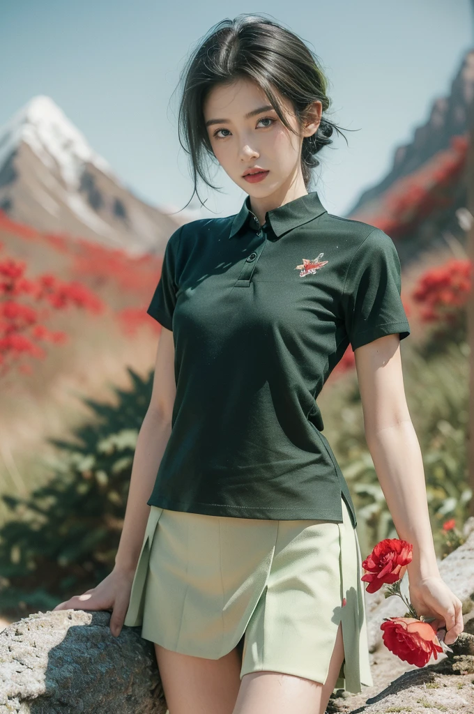 (((best quality))),(((ultra detailed))),(((masterpiece))),illustration,((1 beautiful girl,tomboy,solo)),(short black hair:1.3),((slim,thin)),((small breasts,thin)), vigorous, confident, (light green collared short-sleeved shirt:1.3), (dark green skirt:1.2),(slender legs:1.2),(standing:1.3),simplicity, robustness, strong features, (Abandoned Gobi Scene:1.3),(Rock surface:1.2),glowing eyes, rebellious, sensible, (mountainous landscape:1.3), (beside a vibrant red flower:1.3),elegance, unyielding spirit, youthful beauty, strength, resilience, adversity, challenges,((from front,upper body))
