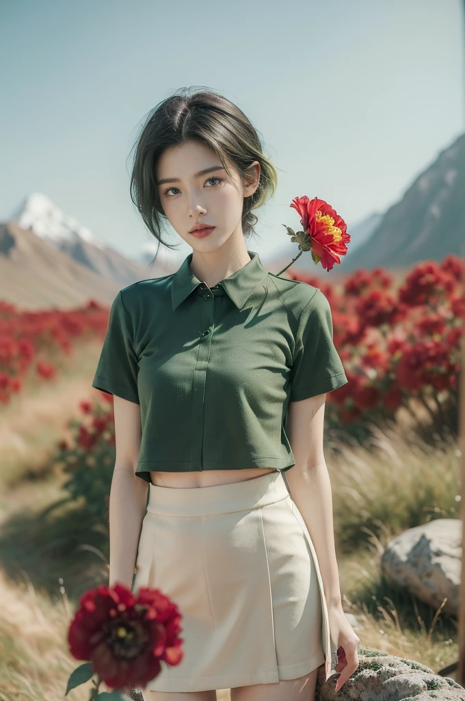 (((best quality))),(((ultra detailed))),(((masterpiece))),illustration,((1 beautiful girl,tomboy,solo)),(short black hair:1.3),((slim,thin)),((small breasts,thin)), vigorous, confident, (light green collared short-sleeved shirt:1.3), (dark green skirt:1.2),(slender legs:1.2),(standing:1.3),simplicity, robustness, strong features, (Abandoned Gobi Scene:1.3),(Rock surface:1.2),glowing eyes, rebellious, sensible, (mountainous landscape:1.3), (beside a vibrant red flower:1.3),elegance, unyielding spirit, youthful beauty, strength, resilience, adversity, challenges,((from front,upper body))
