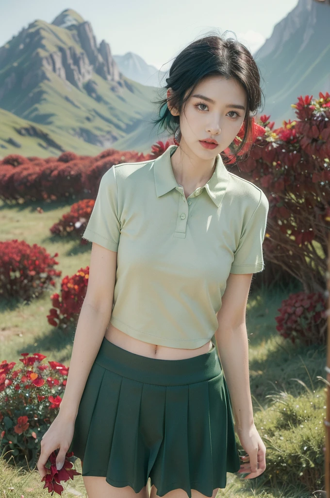 (((best quality))),(((ultra detailed))),(((masterpiece))),illustration,((1 beautiful girl,tomboy,solo)),(short black hair:1.3),((slim,thin)),((small breasts,thin)), vigorous, confident, (light green collared short-sleeved shirt:1.3), (dark green skirt:1.2),(slender legs:1.2),(standing:1.3),simplicity, robustness, strong features, (Abandoned Gobi Scene:1.3),(Rock surface:1.2),glowing eyes, rebellious, sensible, (mountainous landscape:1.3), (beside a vibrant red flower:1.3),elegance, unyielding spirit, youthful beauty, strength, resilience, adversity, challenges,((from front,upper body))
