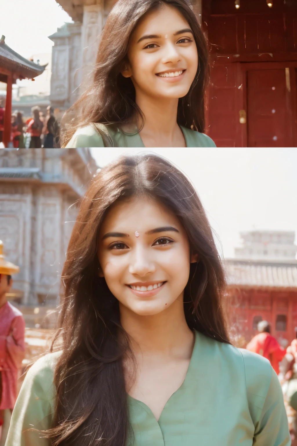 Collage of (8k , hd , clearface, detailed)((best quality)), ((masterpiece)), (detailed), perfect face a beautiful 21 year old Indian slim girl with long hair smiling face standing in the line of temple for puja wearing red kurti dress 