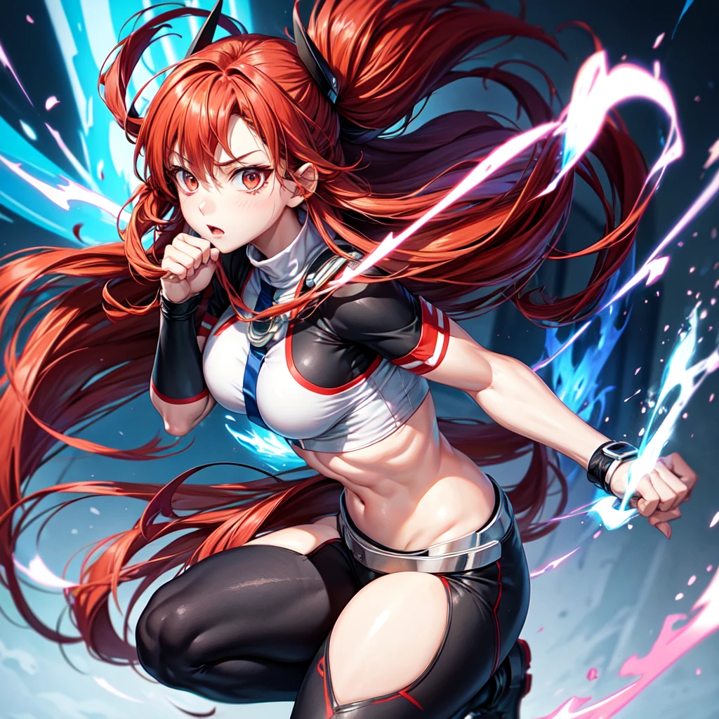Strong woman with half white and half red hair, Boku no hero style, black uniform, with a thin waist, cute-face, with blue fire super powers
