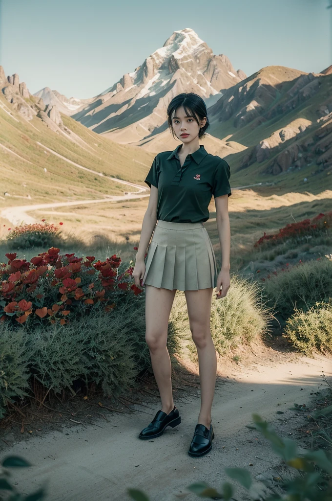 (((best quality))),(((ultra detailed))),(((masterpiece))),illustration,((1 beautiful girl,tomboy,solo)),(short black hair:1.3),((slim,thin)),((small breasts,thin)), vigorous, confident, (light green collared short-sleeved shirt:1.3), (dark green skirt:1.2),(slender legs:1.2),(black loafers:1.2),(standing:1.3),simplicity, robustness, strong features, (Abandoned Gobi Scene:1.3),(Rock surface:1.2),glowing eyes, rebellious, sensible, (mountainous landscape:1.3), (beside a vibrant red flower:1.3),elegance, unyielding spirit, youthful beauty, strength, resilience, adversity, challenges,((from front,full body))
