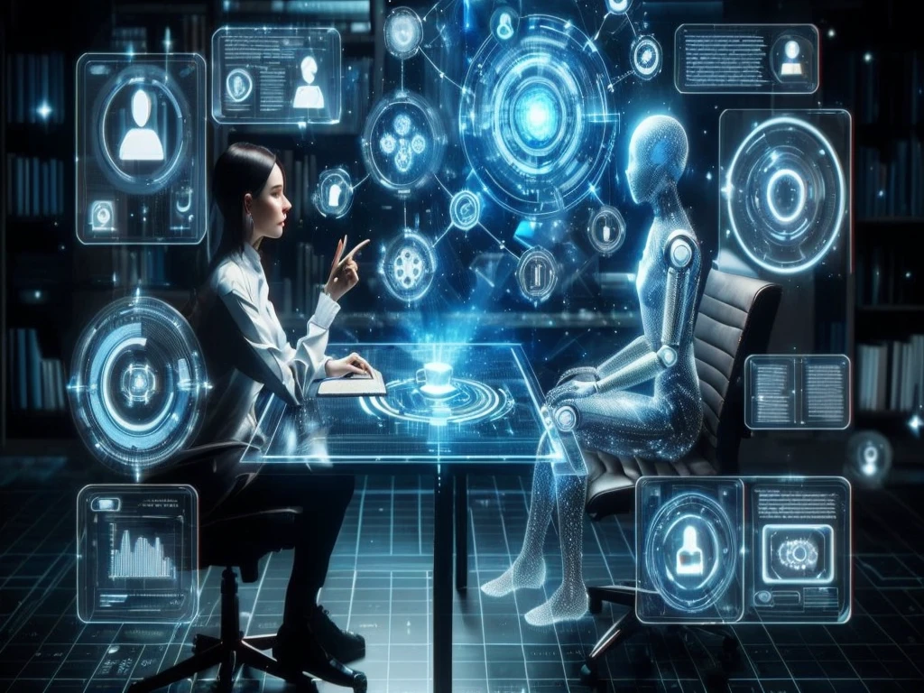 A woman sitting at a table with a laptop and a man sitting in a chair, Endless collaboration with AI, Artificial Intelligence, strong Artificial Intelligence, AI creates realists, AI Researcher, Computers and holograms, The Coming AI Singularity, Artificial Intelligence!!, The image is futuristic, With AI theme, Woman and robot, Integrated synthetic android, Depicted as a sci-fi scene