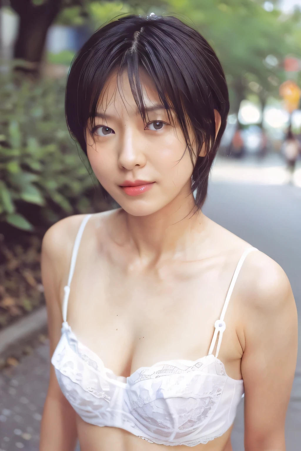 NSFW:1.5,((highest quality、8K resolution、master masterpiece、portrait:1.3)), Photoreal, 35mm film, 1 Japanese female, Upper body、on the street during the day, wrinkles around the eyes、plump body、cleavage、boyish_pixie cut、smile,((white lingerie:1.3)) , (outdoor:city street 1.3), jumbled background,look at the audience,Tokyo cityscape:1.3