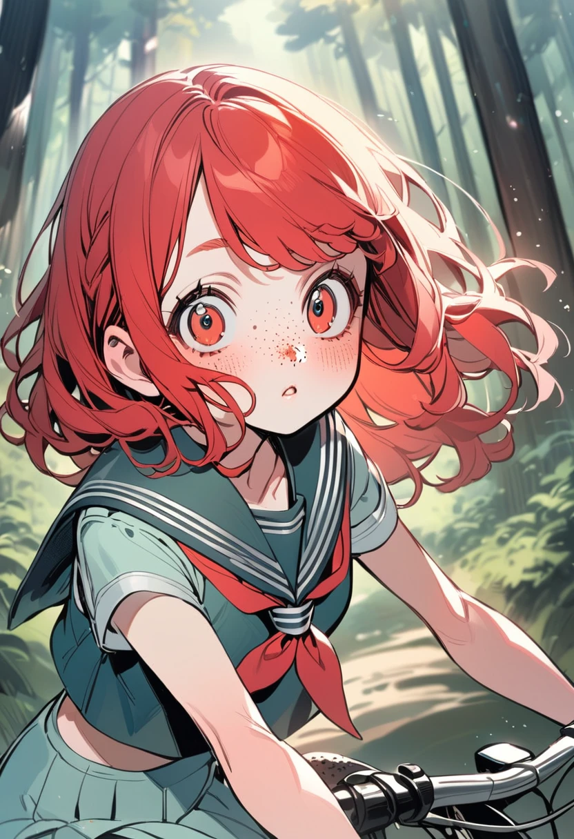 young girl(red hair, freckles, serafuku, big eyes), forest background, she rides her bike out of the forest, pastel color