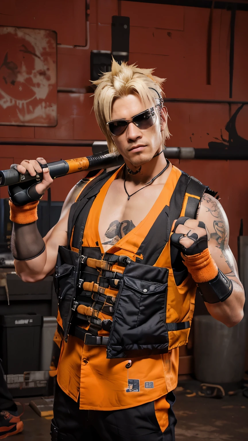 there is a man with a gun and a vest holding a baseball bat, as a character in tekken, mechanic punk outfit, orange gi, dead or alive 6, in the style of sifu 🔥 😎 🕹️ 👀 :2, fighting game character, badass pose, thancred waters in style of wlop, trigger anime artstyle, thancred waters