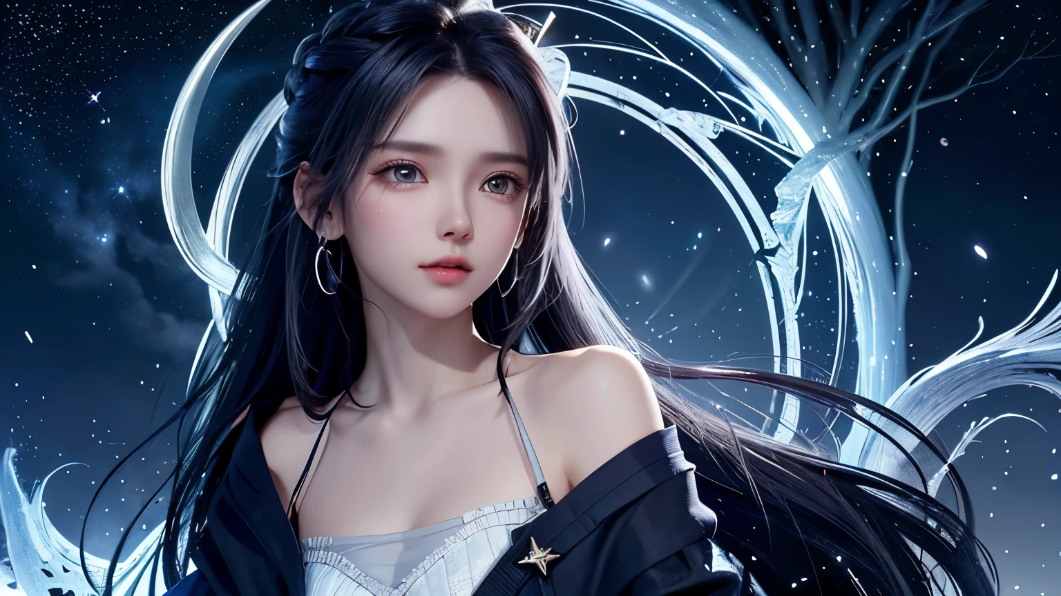 Appearance:
age: Early 20s Gender: woman
hairdo: Black Hair, long, Straight eye color: Deep blue skin color: Light clothing: Simple robes, Blue and silver accessories: Silver pendant, Small star-shaped earrings personality:
Introverted Mystical Thoughtful Calm Background:
Birthplace: Quiet Star Forest Special Skills: meditation, astronomy, Predictive Situation:
place: Silent Forest, Action under the night sky: Looking up at the stars, Book of Prophecy Reading Prop: Ancient scrolls, Crystal ball shining with starlight、Cang、white、A world-class professional photographer uses SONY α7 III, Photographed with FE 16-35mm F4 ZA OSS