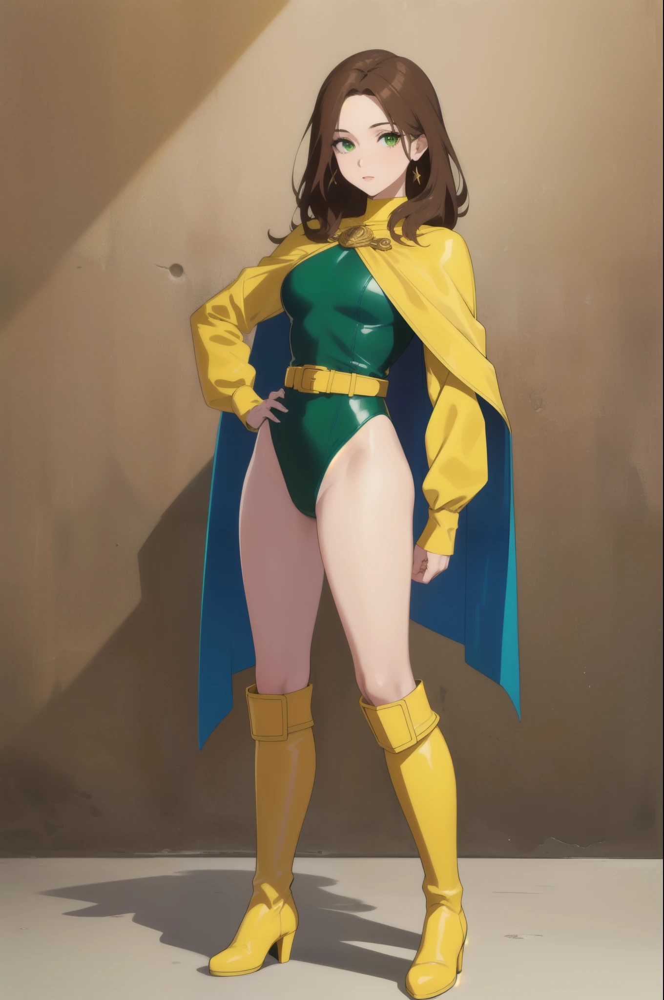 (masterpiece), (best quality), (high res), 1lady, tall body, highly detailed, professional, beautiful detailed eyes, beautiful detailed face, perfect hands, complete fingers, perfect anatomy, perfect proportions, ((brown hair, medium hair, hair down)), ((green eyes)), ((leotard, red leotard, matching leotard, bare legs)), ((boots, matching boots, knee-high boots, yellow boots)), breasts, medium breasts, (full body portrait), looking at viewer, solo, solo focus, standing, one hand on hip, cowboy shot, new york backdrop, (belt, tight belt), (blue sleeves, yellow cuffs), (yellow hawk (symbol) on chest), (medium cape, light blue cape), full body costume design.