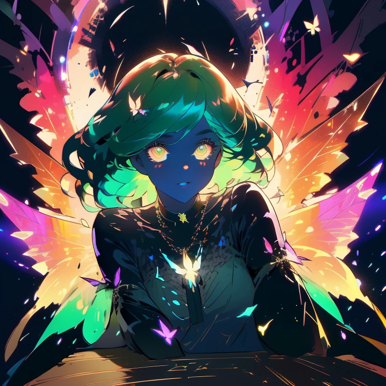 a beautiful woman with colorful butterfly wings, Vibrant green hair, detailed face,detailed green eyes,detailed lips,intricate butterfly wings,detailed wing patterns,detailed clothing,colorful butterfly wings,cinematic lighting,dramatic lighting,golden light particle, best detailed,photorealistic,hyper detailed,8k,masterpiece,ultra detailed, best shadow, action pose, posed, fantastic, dynamic angle,detailed background,dark fantasy), (beautiful detailed face), high contrast, (best illumination, an extremely delicate and beautiful), ((cinematic light)), colorful, hyper detail, dramatic light, intricate details