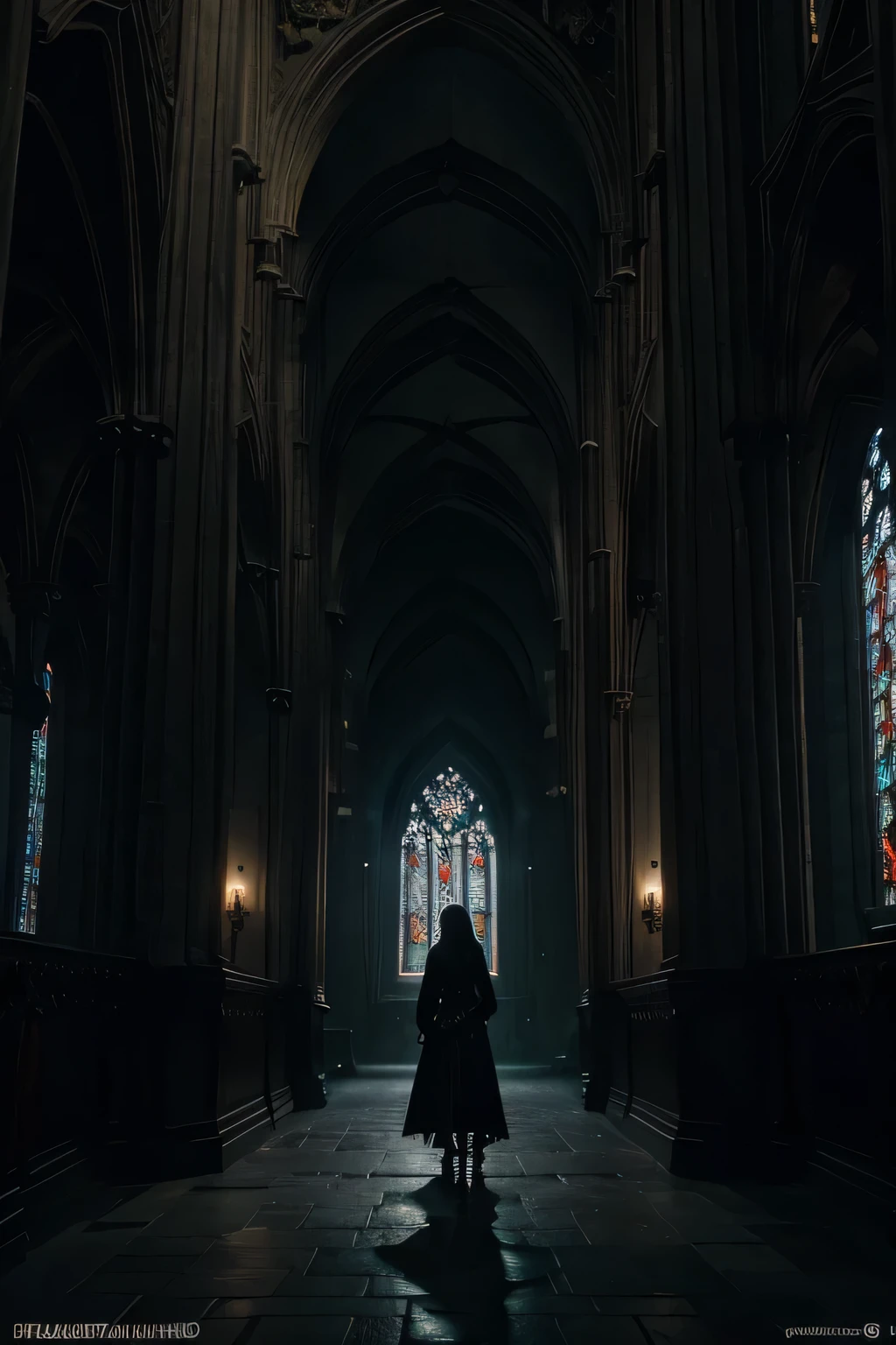 a gothic cathedral, medieval architecture, ancient stone walls, stained glass windows, dramatic lighting, moody atmosphere, ornate details, flying buttresses, high ceilings, intricate patterns, dark shadows, atmospheric fog, dramatic contrast, cinematic composition, (best quality,4k,8k,highres,masterpiece:1.2),ultra-detailed,(realistic,photorealistic,photo-realistic:1.37),cinematic lighting,dramatic chiaroscuro,gothic art,dark fantasy, without people