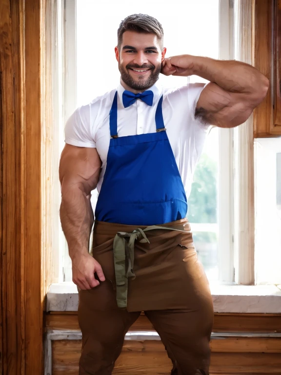 (1boy), (soft smile), tan skin, Niklas as a barista in a french cafe, bow tie, black apron with suspenders, (natural daylight:1.3), drinking a cup of coffee, (muscular:1.5), (defined muscles:1.5), flexed chest, black apron, Suspenders, slutty, Niklas, (blue eyes:1.3), Shirtless, flexing, rippling chest