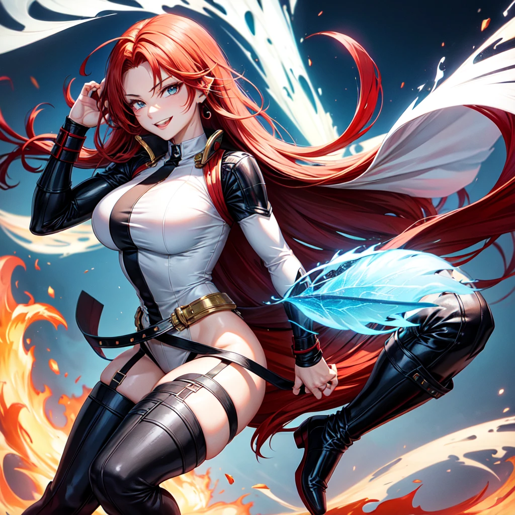 Strong woman with half white and half red hair, Boku no hero style, black leagwear, High Heeled Boots, with a thin waist, smiling face, with blue fire super powers