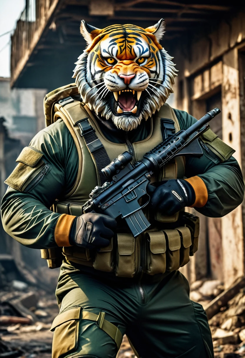 (a dark-skinned bearded fat muscular old man in a bulky army camouflage zipper diver suit) holding a gun, (wearing a small-sized realistic roaring tiger mask), dynamic action pose, fierce expression, showcasing an imposing stature, thumbs up pose surrounded by military elements, dramatic shadows and intense highlights, cinematic color tones, high detail, powerful, art influenced by Bruce Onobrakpeya and Stanley Artgerm, ultra-detailed, best quality image, action-packed atmosphere, patrolling in a ruined town.