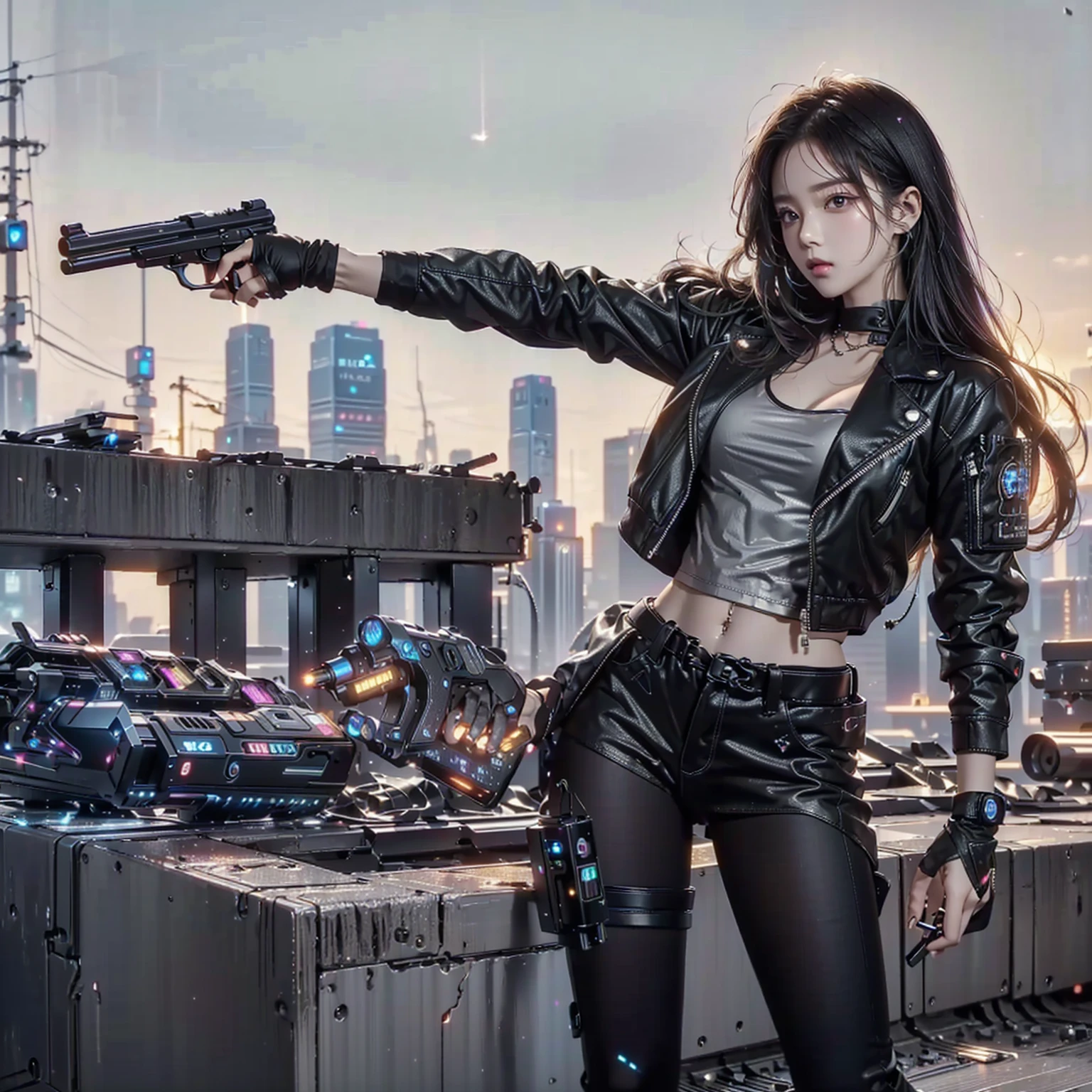 (Hold the gun., raw photos, best quality, skill:1.2), (realistically, realistic:1.37),(kpop idols), (Aegyo Sal:1),cute,professional lighting, Photon mapping, Radio City, Physical rendering , cosplay, lucy \(cyberpunk\), , mechanical parts, gray eyes, tight black suit, เมืองcyberpunk, black shorts, , neon light, sexy, smoke, looking up at the viewer,, High resolution in 8ก, 8ก, CG wallpaper, realistically, clear background, Medium bust, body,
