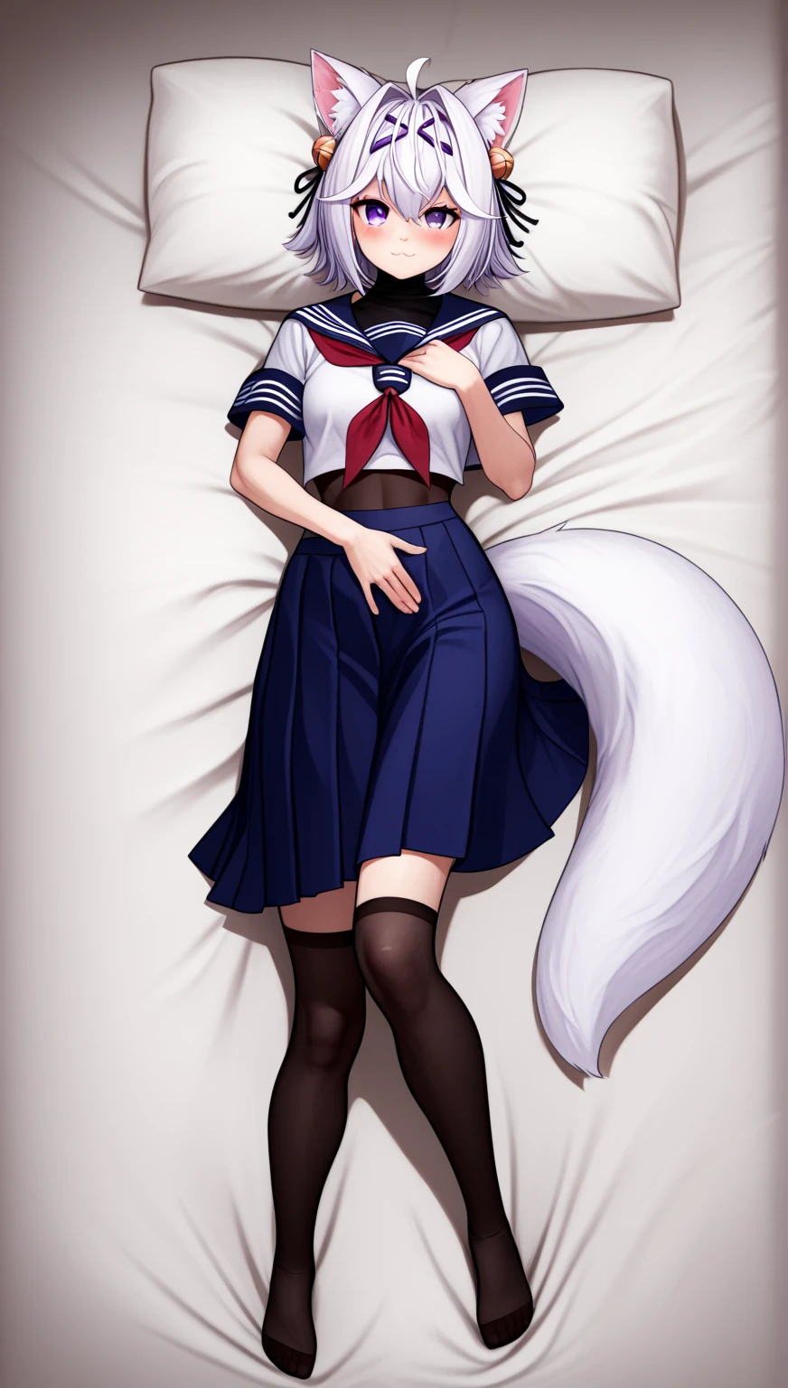 dakimakura, UHD, masterpiece, best quality, extremely detailed, anatomically correct, sharp focus, midnight, frontal light, full body light, soft light, diffuse light, shade, no shadow, messy bed, lying on bed, 1girl, solo, Filian, ((fox tail)), cat ears, (white hair), short hair, ahoge, hairclip, hair bell, big round eyes, deep purple eyes, ((dark purple eyes)), blush, closed mouth, smile, (detailed mouth),small breast, serafuku, red neckerchief, swimsuit under clothes, covered navel, blue skirt, black stockings, thick arms, thick waist, slim legs, Eye-Level Shot, full body pose, innocent pose, front view,