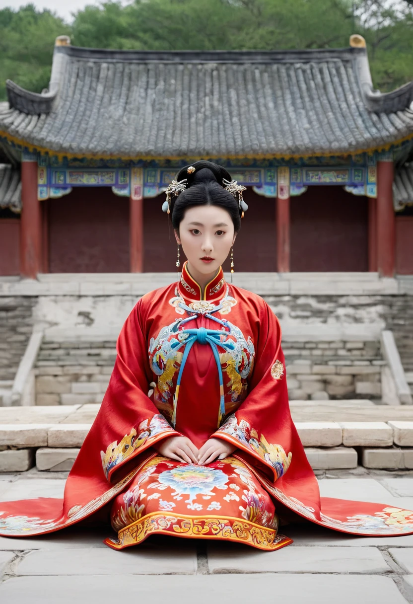 A woman seen from the front, facing forward as if urinating on the ground, with her legs spread apart. Empress of the Qing Dynasty, Chinese imperial court. The empress of China is not wearing a crown and is wearing a red Manchu dress with a floral pattern, open at the front, exposing her chest, lower abdomen, thighs and feet.。She is wearing no underwear, and her large  are exposed, right down to her bare stomach. Her hair is tied uplled up, and the background is the stone pavement of the Chinese palace of the Qing Dynasty.