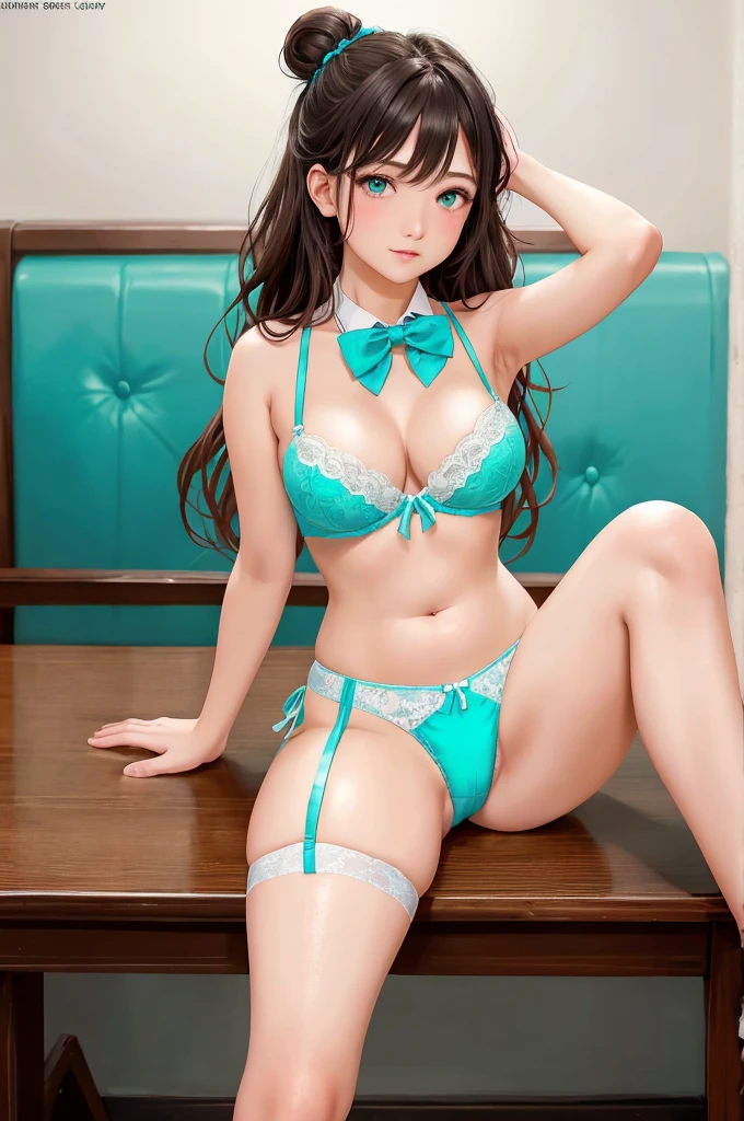 A beautiful girl in turquoise lingerie sitting at a table anime girl, fine lingerie with lace, turquoise lingerie, (side-tie panties, panties with a plain turquoise center and white lace decoration on the sides:1.3), (Thin panties:1.3), (turquoise micro lace satin bra, turquoise bra with white lace trim around the edges, Thin bra:1.3), (knee-high lace garter belt:1.3), in one's underwear only, staring at me shyly, (Bow tie around neck:1.3), big rounds breasts, dark brown hair, swept bangs, long hair, wavy hair, shiny hair, hairclip, hair bun, aqua eyes, (gradient eyes:1.3), glowing eyes, pupils sparkling, blush, bright pupils, glossy lips, cute face, slim waist, shapely legs, beautiful thighs, whole body, anime CG style, high definition, natural light, high detail, anime, dithering, image fill, perspective, Wide-Angle, f/1.8, 85mm, Sony FE GM, 8k, 8k wallpaper, super detail, highly detailed CG, UHD, retina, masterpiece, accurate, anatomically correct, textured skin, highres, best quality:1.3, 16k