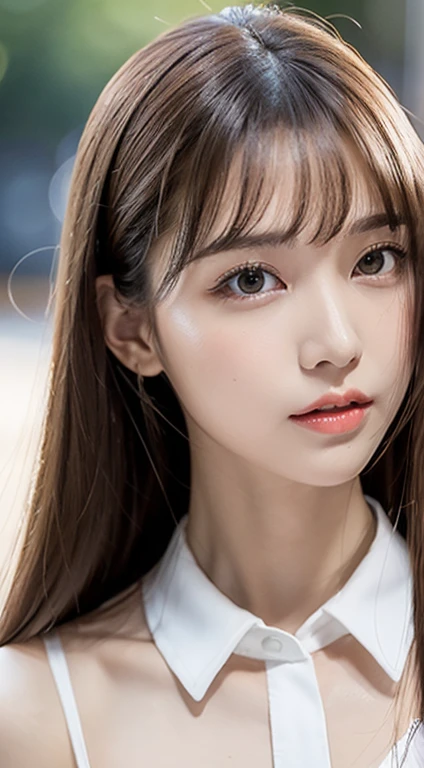 1 Female, Close-up of face, Medium chest, Light brown hair, Blunt bangs, Hair behind the ear, Hair that falls over the shoulders, Long Hair, Slim figure, Ultra Fine Face, Thin face, Delicate lips, Beautiful Eyes, Light blush, eyes are light brown, Perfect glowing skin, Perfect Skin, Shining Sweat,Have a look at this, Ultra-thin needle, Very thin fingers, The optimal ratio is four fingers to one thumb, (Realistic:1.3), See-through white blouse. amusement park, First Person View, F/1.2, 8k, Tabletop, Hmph, Super Detail, high quality, 最high quality, High resolution,sexy