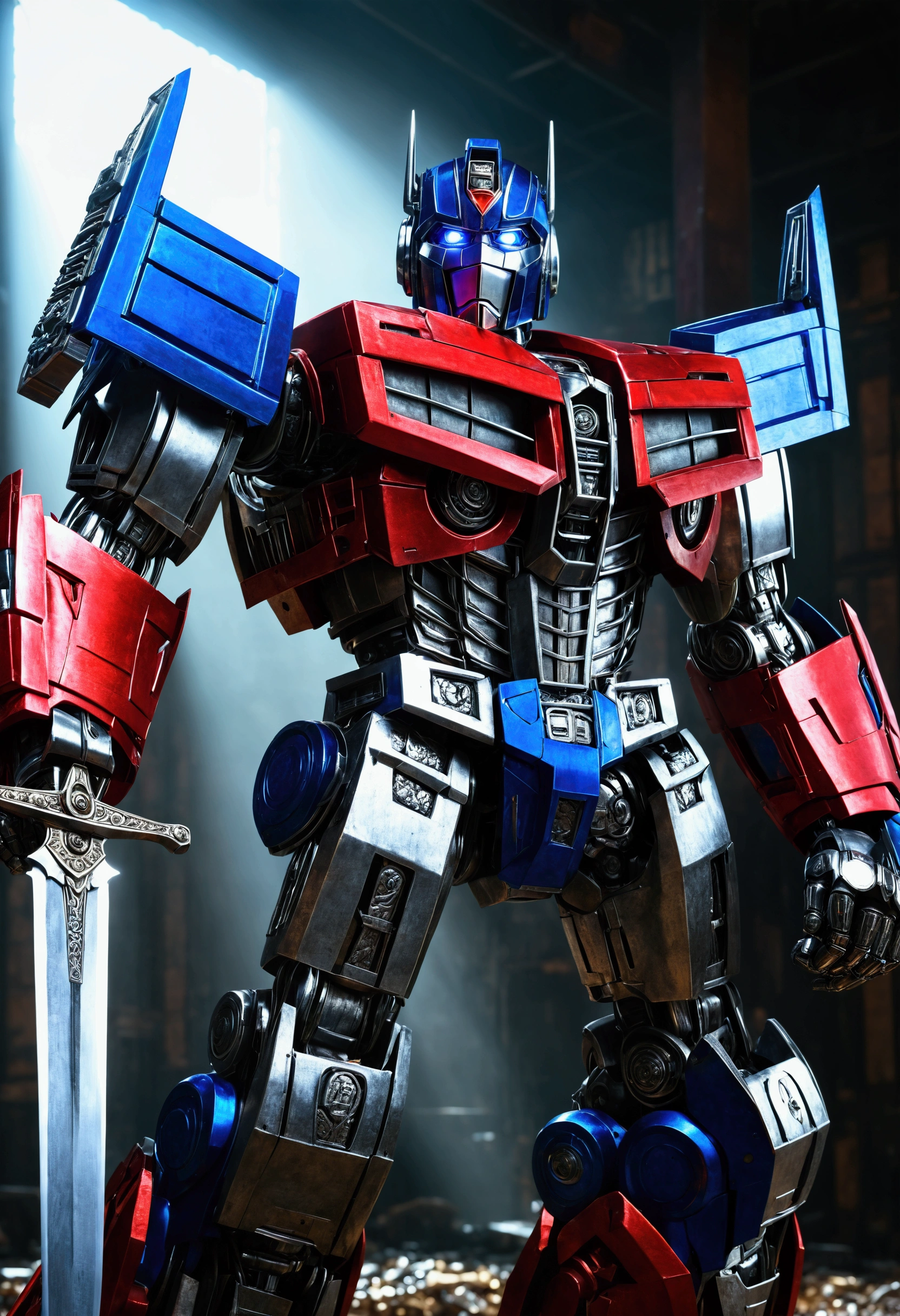 Optimus Prime, extremely detailed, highly detailed metal robot, intricate machinery, holding a large sword, epic battle pose, cinematic lighting, gritty industrial environment, dramatic shadows, glowing energy effects, detailed mechanical parts, shiny metallic surfaces, powerful and imposing figure, (best quality,4k,8k,highres,masterpiece:1.2),ultra-detailed,(realistic,photorealistic,photo-realistic:1.37)