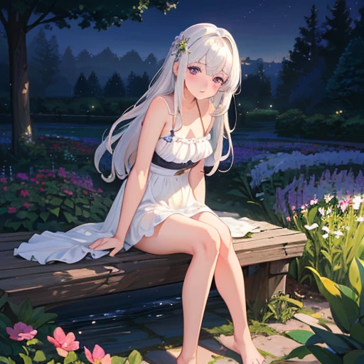 (best quality,4K,8K,high resolution,masterpiece:1.2),Very detailed,(Practical,photoPractical,photo-Practical:1.37),illustration,Soft Light,White hair girl,Deep purple eyes,Glowing eyes,sit down,barefoot,blush,Garden at night,Flowers.dew