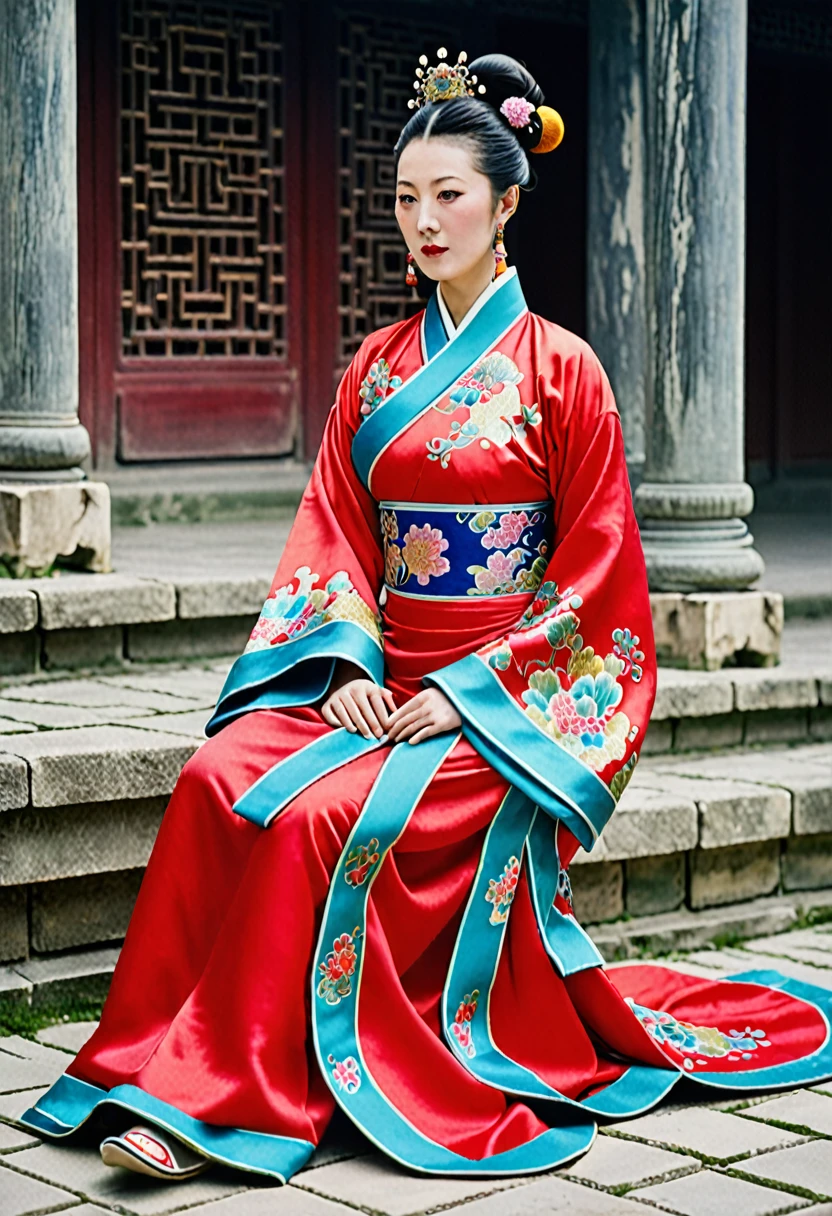 A woman seen from the front, facing forward as if urinating on the ground, with her legs spread apart. Empress of the Qing Dynasty, Chinese imperial court. The empress of China is not wearing a crown and is wearing a red Manchu dress with a floral pattern, open at the front, exposing her chest, lower abdomen, thighs and feet.。She is wearing no underwear, and her large breasts are exposed, right down to her bare stomach. Her hair is tied up and pulled up, and the background is the stone pavement of the Chinese palace of the Qing Dynasty.