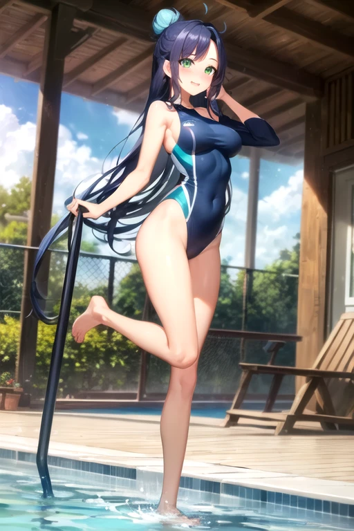 ((hdr, highest resolution, best quality, beautiful, raw image)),1girl, , dark blue hair, long hair, , ((((like a big topknot standing up half up hair)))), ((even short bangs hair)), (blushing:1.1), smiling, green eyes, full body, slender, (medium ), thighs, early teen, one piece swimwear, outdoor pool ,((big float ring)),