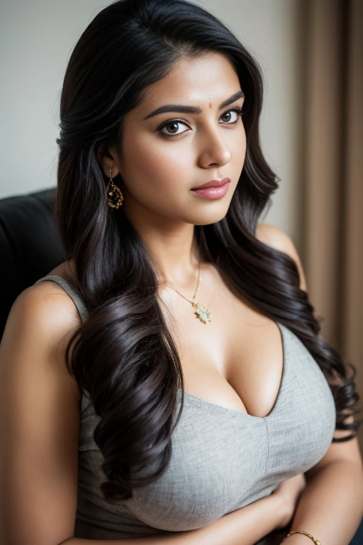 Portrait of A confident-looking indian girl long flowing hair, hazel and brown eyes, c-cup breasts, sitting on sofa, office background, bokeh, perfect composition, hyperrealistic, super detailed, 8k, high quality, trending art, trending on artstation, sharp focus, studio photo, intricate details, highly detailed, art by greg rutkowski