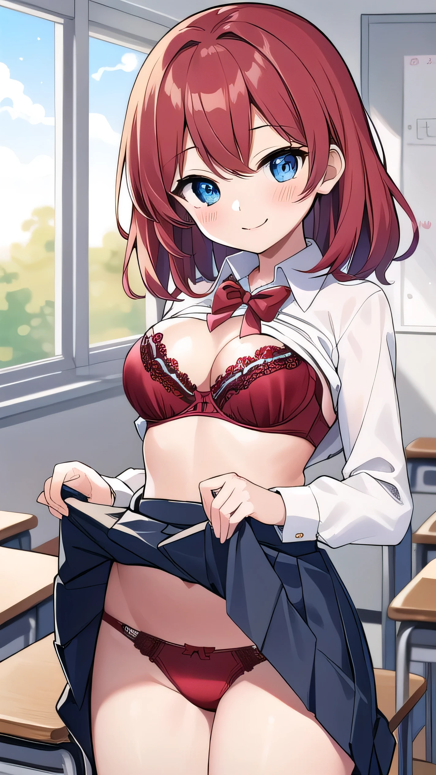 Big breasts, red hair, blue eyes, droopy eyes, red jacket, long sleeves, navy skirt, , (super big breasts:1.1), (medium hair: 1), baggy clothes, elementary school studentt, 10 years old, old, shy Agari, smiling a little, trtton his shirt the classroom, white shirt, straight hair,her bra is visible, (a red bra:1.5),(skirt lift :1.6),panty shot,red panties