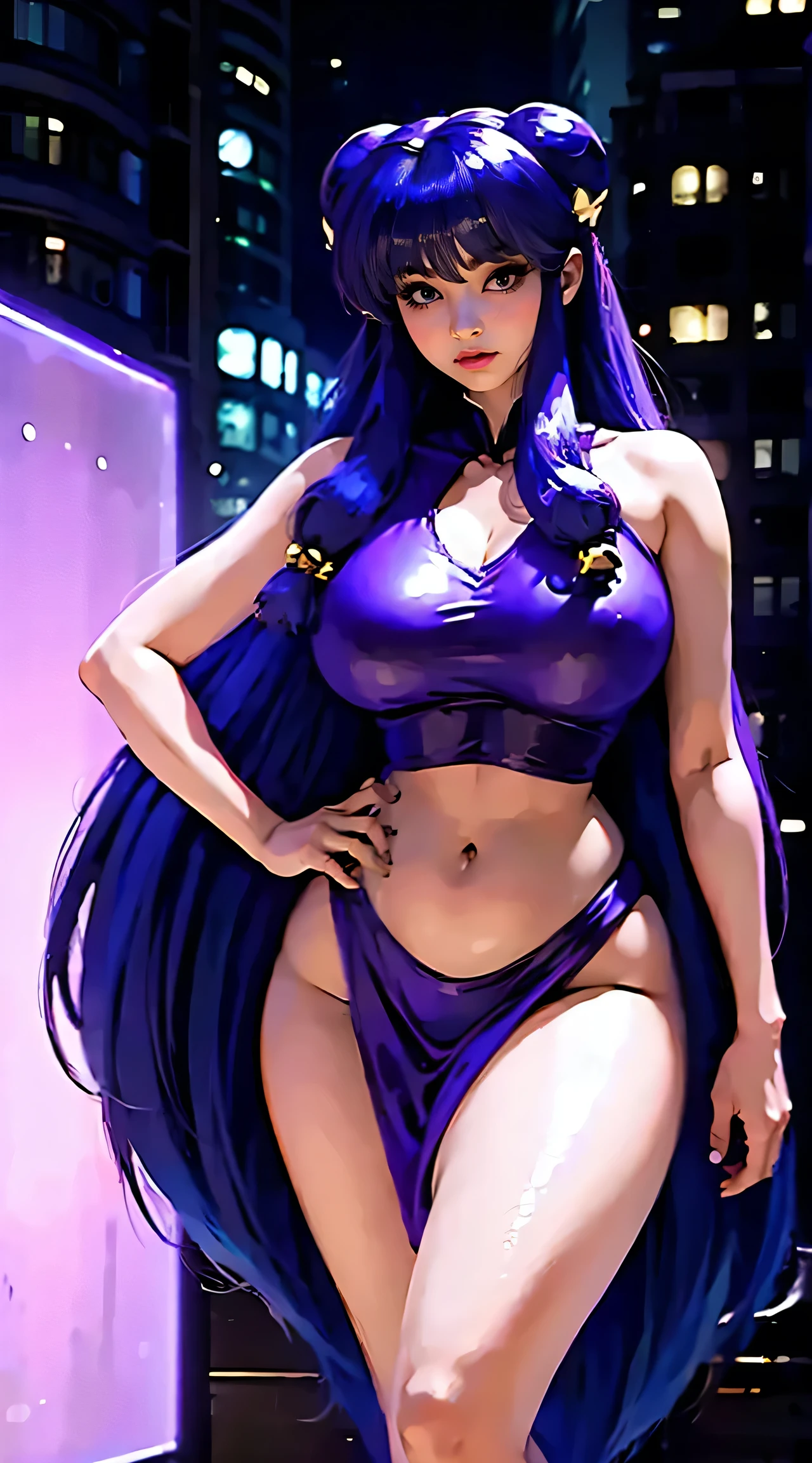 Beautiful sexy shampoo girl posing with big breasts and big hips with a small waist showing her body from head to toe against the background of the dark city but with beautiful lights.  Radiant purple hair 