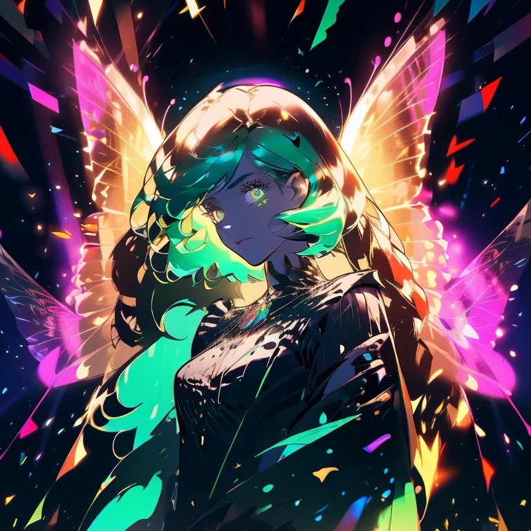 a beautiful woman with colorful butterfly wings, Vibrant green hair, detailed face,detailed green eyes,detailed lips,intricate butterfly wings,detailed wing patterns,detailed clothing,colorful butterfly wings,cinematic lighting,dramatic lighting,golden light particle, best detailed,hyper detailed,8k,masterpiece,ultra detailed, best shadow, action pose, posed, fantastic, dynamic angle,detailed background,dark fantasy), (beautiful detailed face), high contrast, (best illumination, an extremely delicate and beautiful), ((cinematic light)), colorful, hyper detail, dramatic light, intricate details