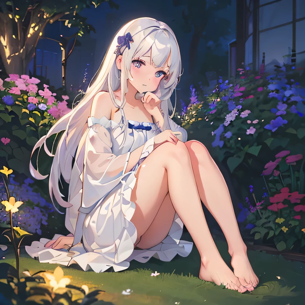 (best quality,4K,8K,high resolution,masterpiece:1.2),Very detailed,(Practical,photoPractical,photo-Practical:1.37),illustration,Soft Light,White hair girl,Deep purple eyes,Glowing eyes,sit down,barefoot,blush,Garden at night,Flowers.dew