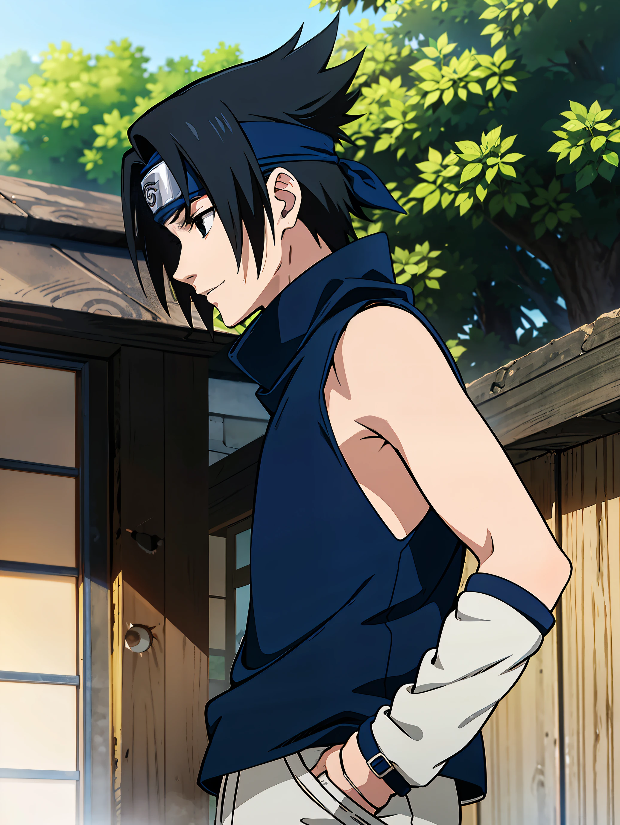 Highres, Masterpiece, Best quality at best,Best Quality,hight quality, hight detailed, Anime style, 1boy, Boy, Shota, Solo person, uchiha sasuke, black hair, black eyes, forehead protector, blue shirt, young boy, Sleeveless shirt, bare shoulder, day, Slim body, smile, earring, Body, Simple beckground, Seen from the front, , (very y (Very small and short body), uhd, bokeh