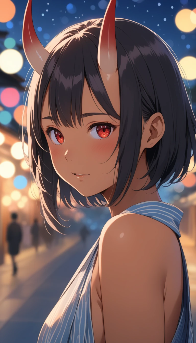8K, RAW, best quality, ((masterpiece, best quality)), Makoto shinkai, ultra high res, colorful, (medium wide shot), upper body, (dynamic perspective), sharp focus, (depth of field, bokeh:1.3), extremely detailed eyes and face, beautiful detailed eyes, looking at viewer,
(1girl, Japanese, Oni, horns, Oni red tanned skin, tail, bobcat haircut, black hair, grey eyes), (dressed, Kimono, Haori), ((shy face))
action pose, forest background, dark forest, night time, 
