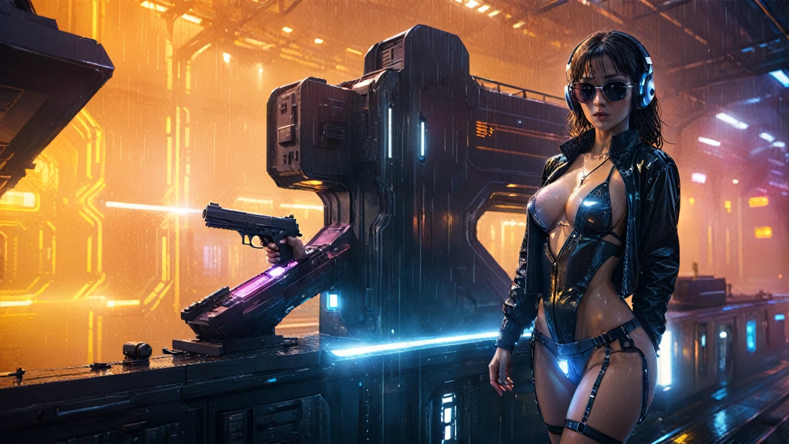 (((aerial view))), Blade Runner style futuristic railway platform, hi-tech train, neon lights, rainy night. (1girl, solo, alone), large-breast:1.2 slim body, cleavage:1.1, sexy lingerie with wet jacket, headphone, (black sunglasses), (((she raised a pistol:1.8 and shot:1.8 the viewer))), dynamic pose, (((half-body thigh level medium shot))), cinematic lighting, lens flare, ray tracing, blurred:1.4 background.