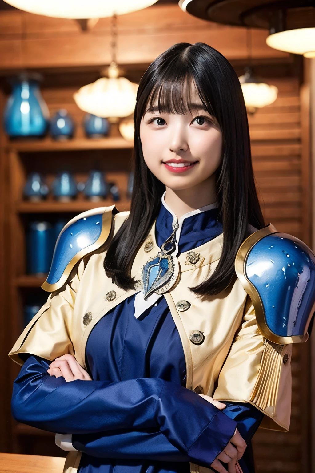 Scientist in Dodger Blue Armor，Five grain-shaped medals on the left and six on the right，Research Room