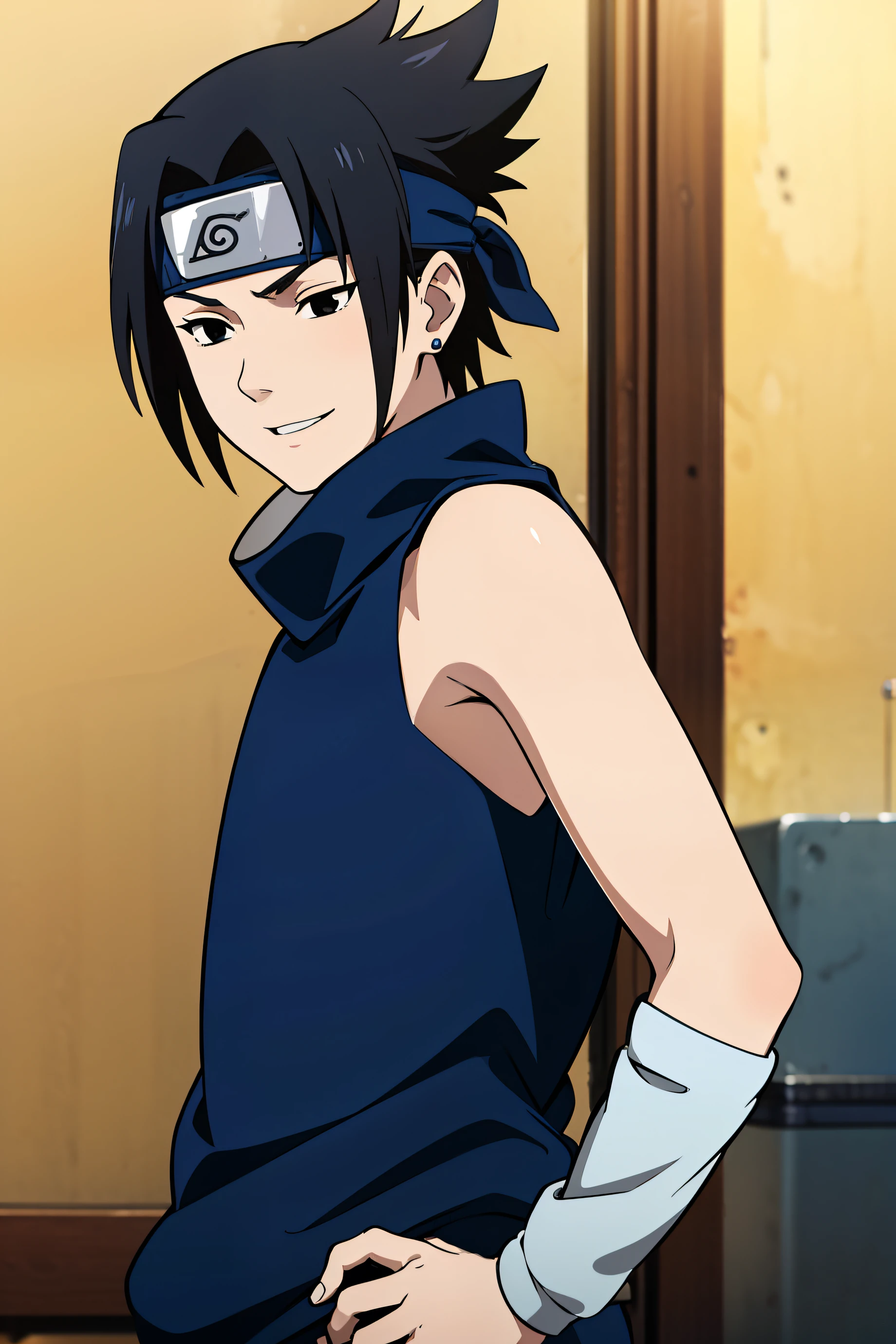 Highres, Masterpiece, Best quality at best,Best Quality,hight quality, hight detailed, Anime style, 1boy, Boy, Shota, Solo person, uchiha sasuke, black hair, black eyes, forehead protector, blue shirt, young boy, Sleeveless shirt, bare shoulder, day, Slim body, smile, earring, Body, Simple beckground, Seen from the front, age 12, (very young boy), (Very small and short body), uhd, bokeh