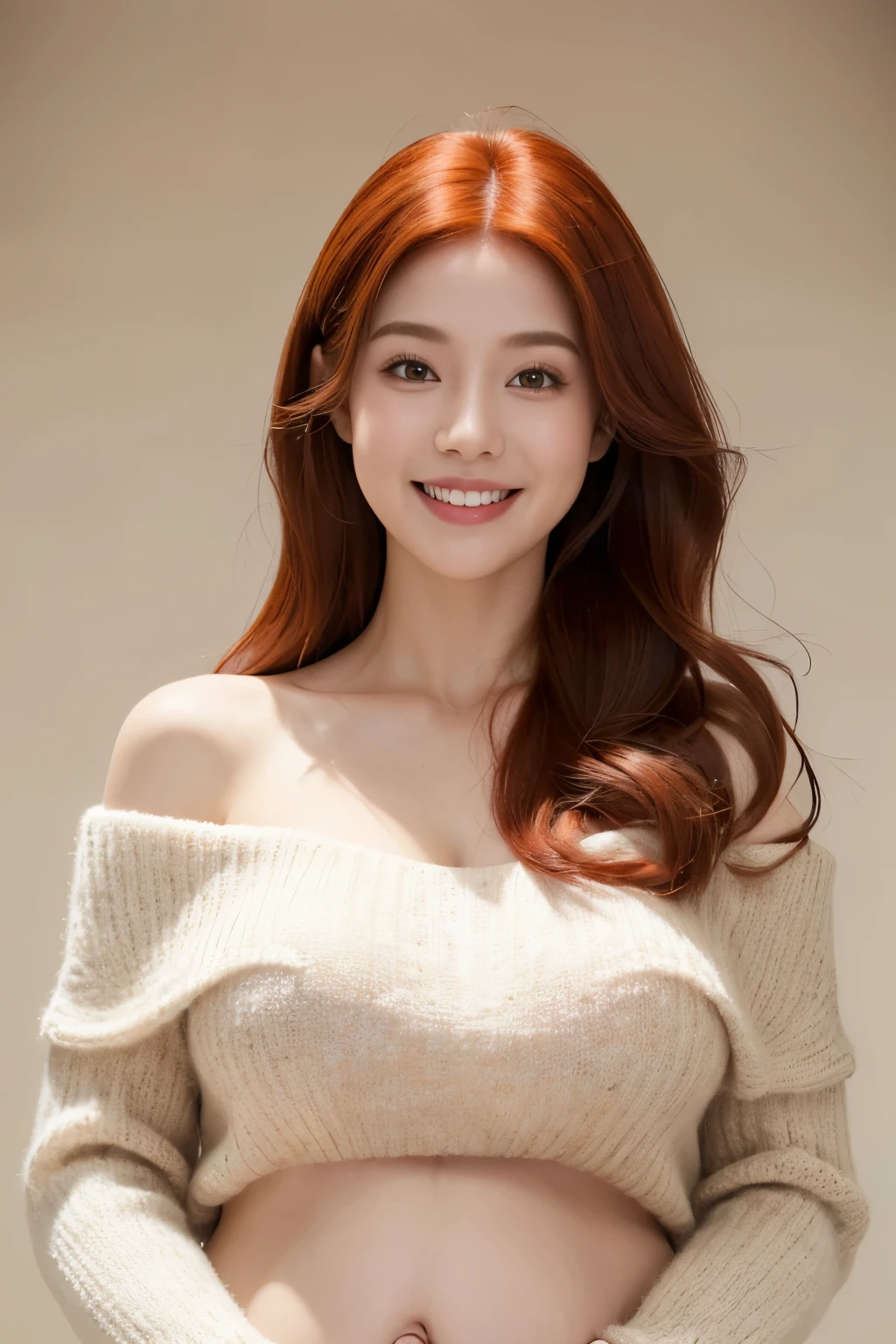 best quality, ultra high res, (photorealistic:1.4), 1girl, beige sweater, smile, laughing, bare shoulders, solo focus, ((full body), (red hair:1), ((puffy eyes)), looking at viewer, facing front, closeup, extremely large pregnant belly