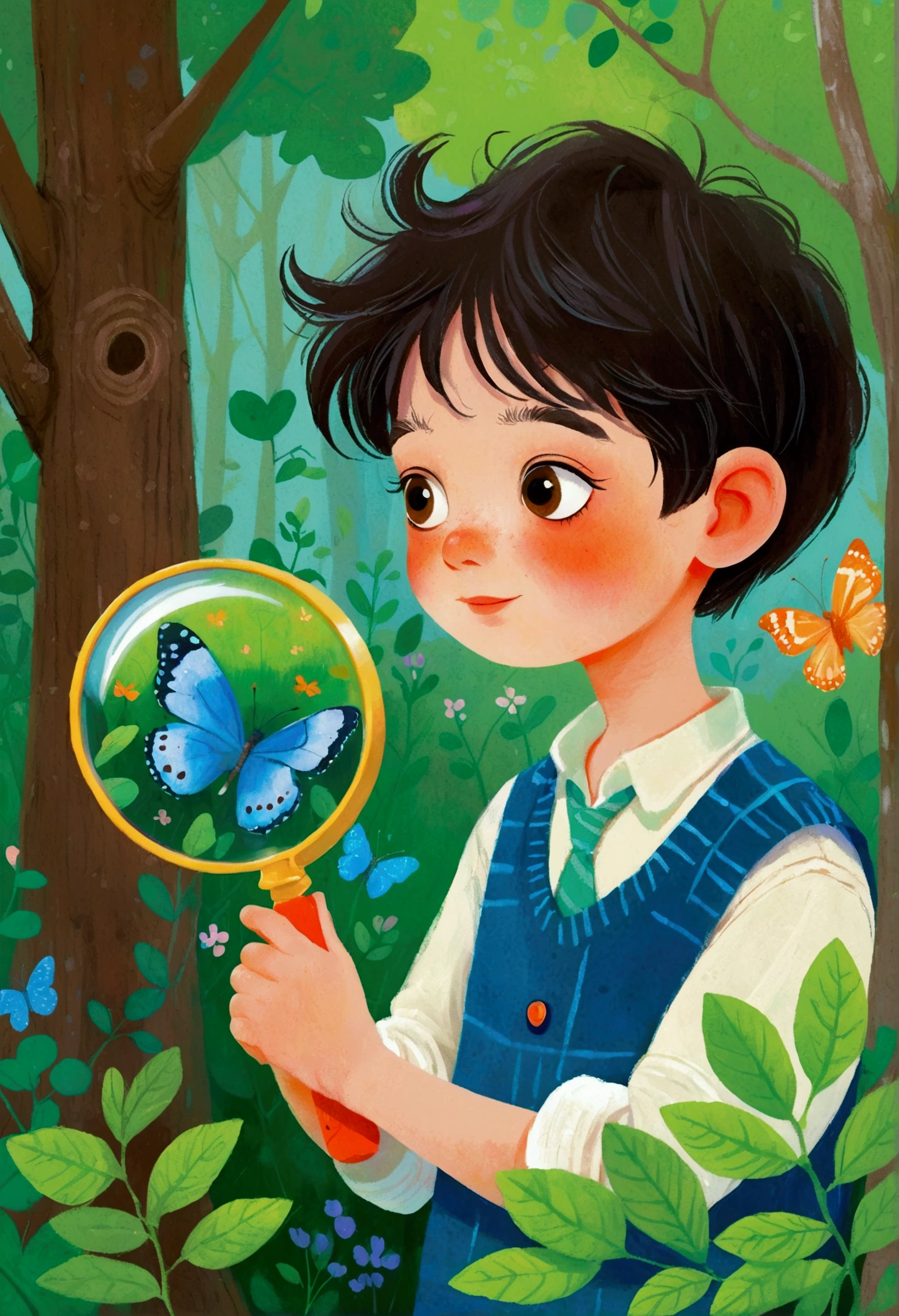 Pastel Art Illustration:Portrait of a little boy in the forest,Observing butterfly through a magnifying glass。 梅青 的Storybook illustration, devianart contest winners, Concept Art, Children's Book Illustrations, Children's Book Illustrations, Children's Book Illustrations, Children's Book Illustrations, colorful Children's Book Illustrations, Children's Book Illustrations, Children's illustrations, Children's Book Illustrations, Storybook illustration, Children's illustrations