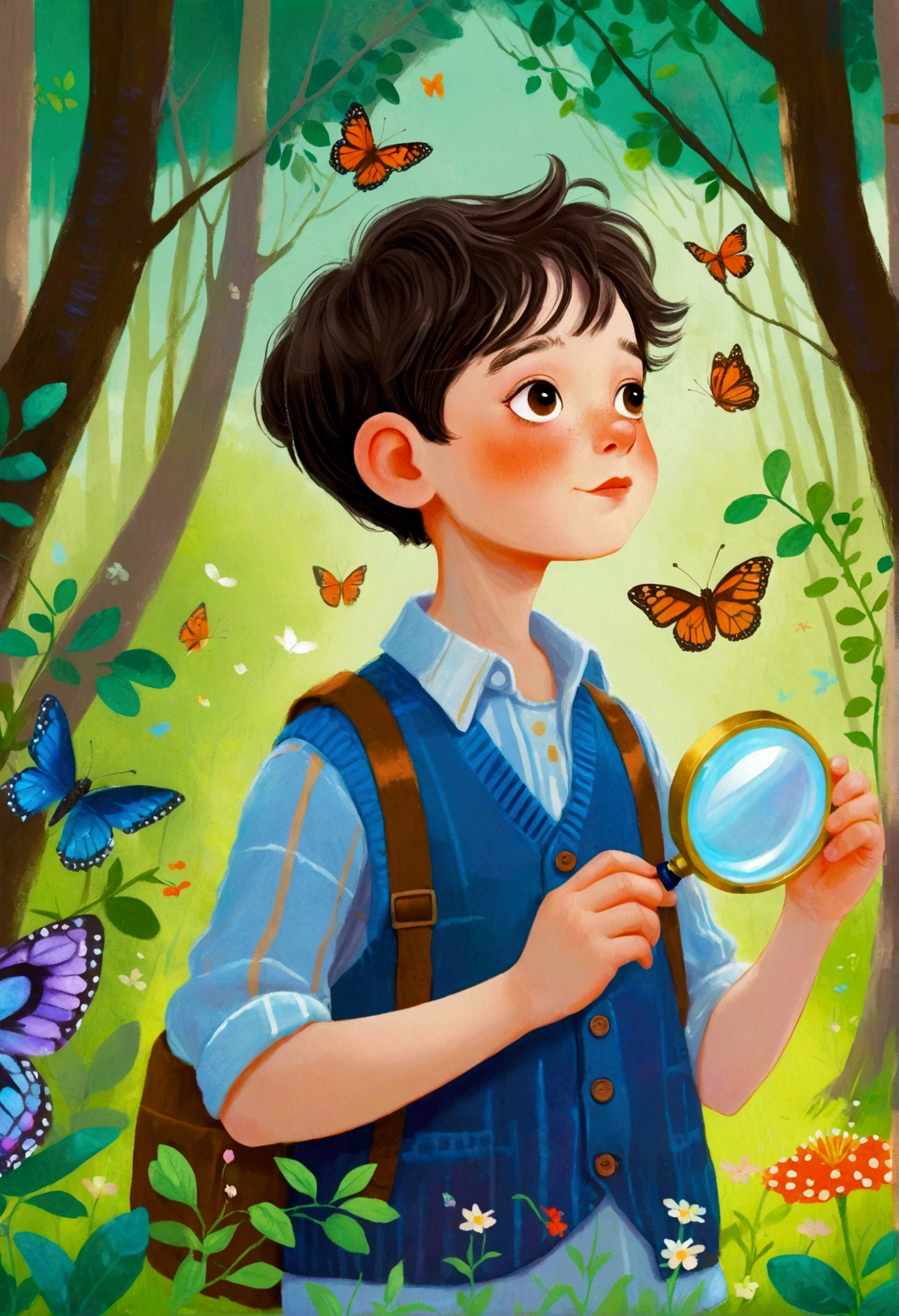Pastel Art Illustration：Portrait of a little boy in the forest，Observing butterfly through a magnifying glass。 梅青 的Storybook illustration, devianart contest winners, Concept Art, Children&#39;s Book Illustrations, Children&#39;s Book Illustrations, Children&#39;s Book Illustrations, Children&#39;s Book Illustrations, colorful Children&#39;s Book Illustrations, Children&#39;s Book Illustrations, Children&#39;s illustrations, Children&#39;s Book Illustrations, Storybook illustration, Children&#39;s illustrations