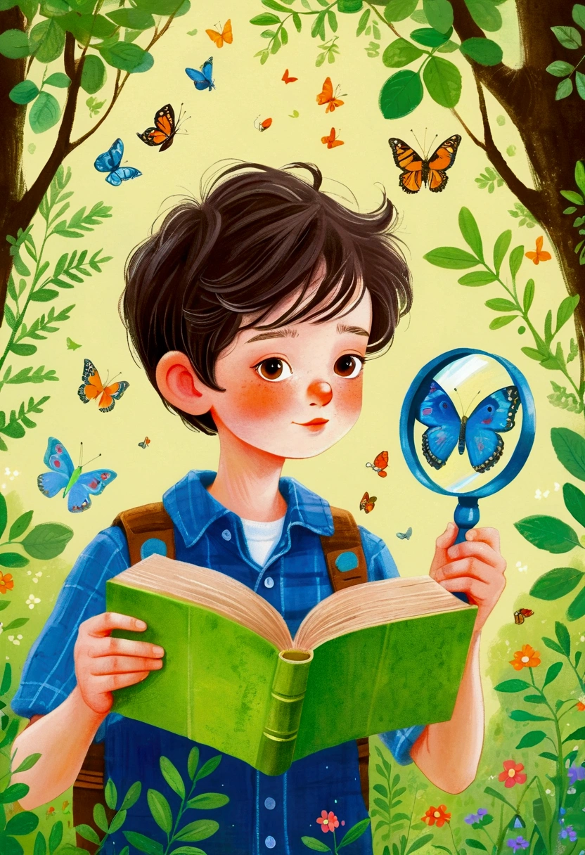illustration：A boy in the forest observing plants through a magnifying glass。 梅青 的故事书illustration, devianart contest winners, Concept Art, 儿童书籍illustration, 儿童书籍illustration, 儿童书籍illustration, 儿童书籍illustration, colorful 儿童书籍illustration, 儿童书籍illustration, Children&#39;s illustrations, 儿童书籍illustration, 故事书illustration, Children&#39;s illustrations