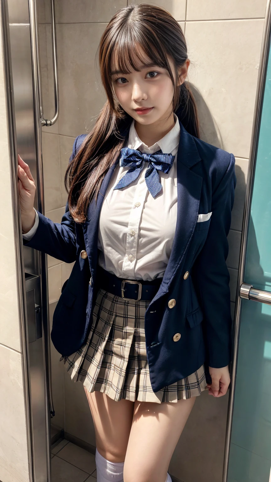 masterpiece, best quality, illustration, Super detailed, fine details, High resolution, 8K,wall paper, perfect dynamic composition,(Details High quality, realistic depiction of eyes:1.3), (Toilet cubicles:1.2), (urinal)、High school girl uniform、blazer 、Super Short Check Uniform Skirt、Navy blue high socks、garterbelts、 large breasts, expresses the roundness and softness of your chest, Don't expose it、Disturbed uniform, ponytail, black hair color, Big Natural Color Lip, perfect body shape, crying a little、Harajuku style、20 year old girl、cute type, beautiful legs, Gravure Idol