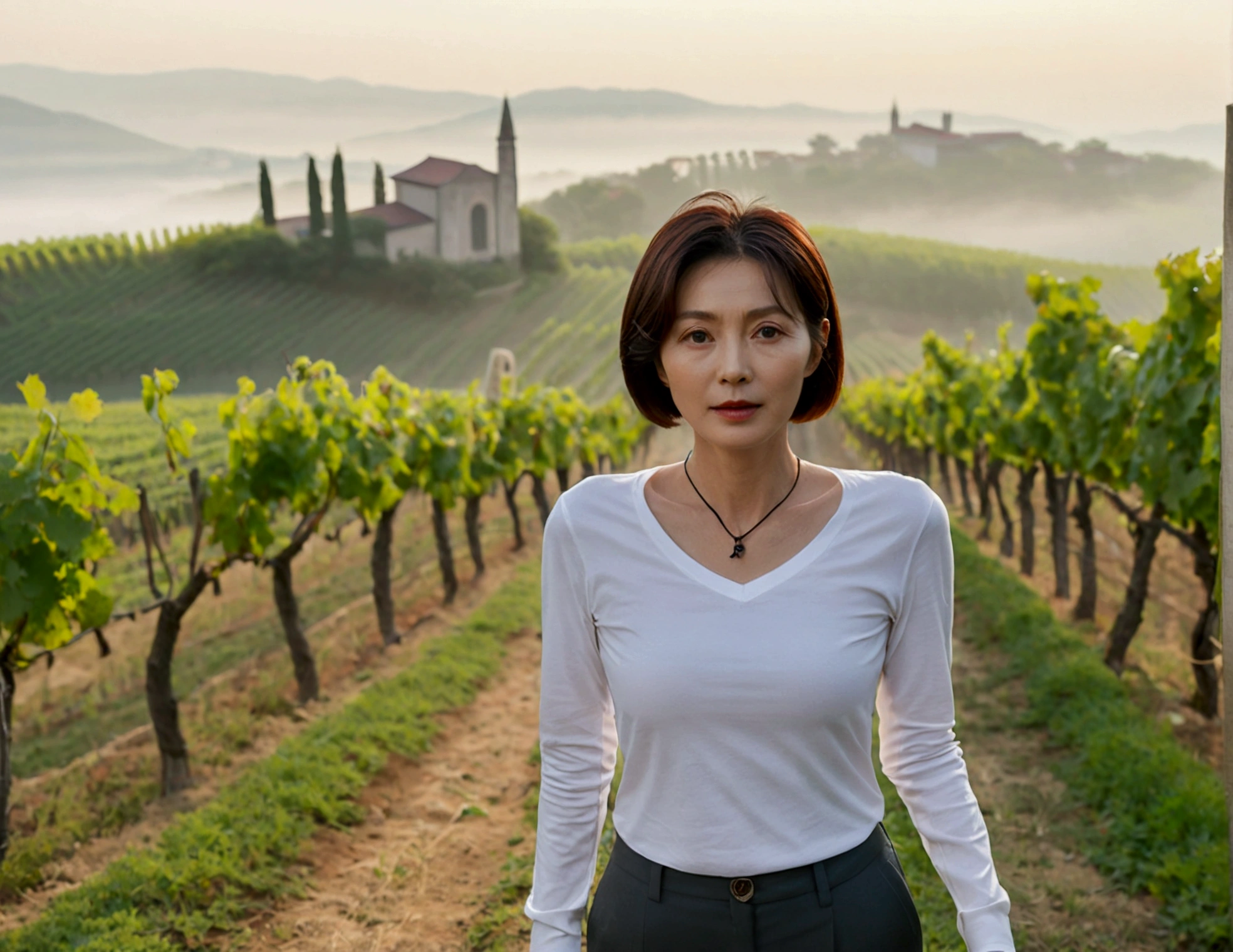 Italy foggy countryside dawn, Endless vineyards, A cathedral can be seen far away in the fog.. Korean woman in her 40s, Wearing a luxury brand white long-sleeved T-shirt, casual pants, Korean woman with beautiful short medium bob hair, Standing on a path on top of a vineyard hill, Beautiful Korean woman with bright and clear skin, The neckline is clean and beautiful.. Korean woman with a graceful and humble expression,Looks like Ruri Rarak is alive., standing in the vineyard , small black string necklace, 1 woman