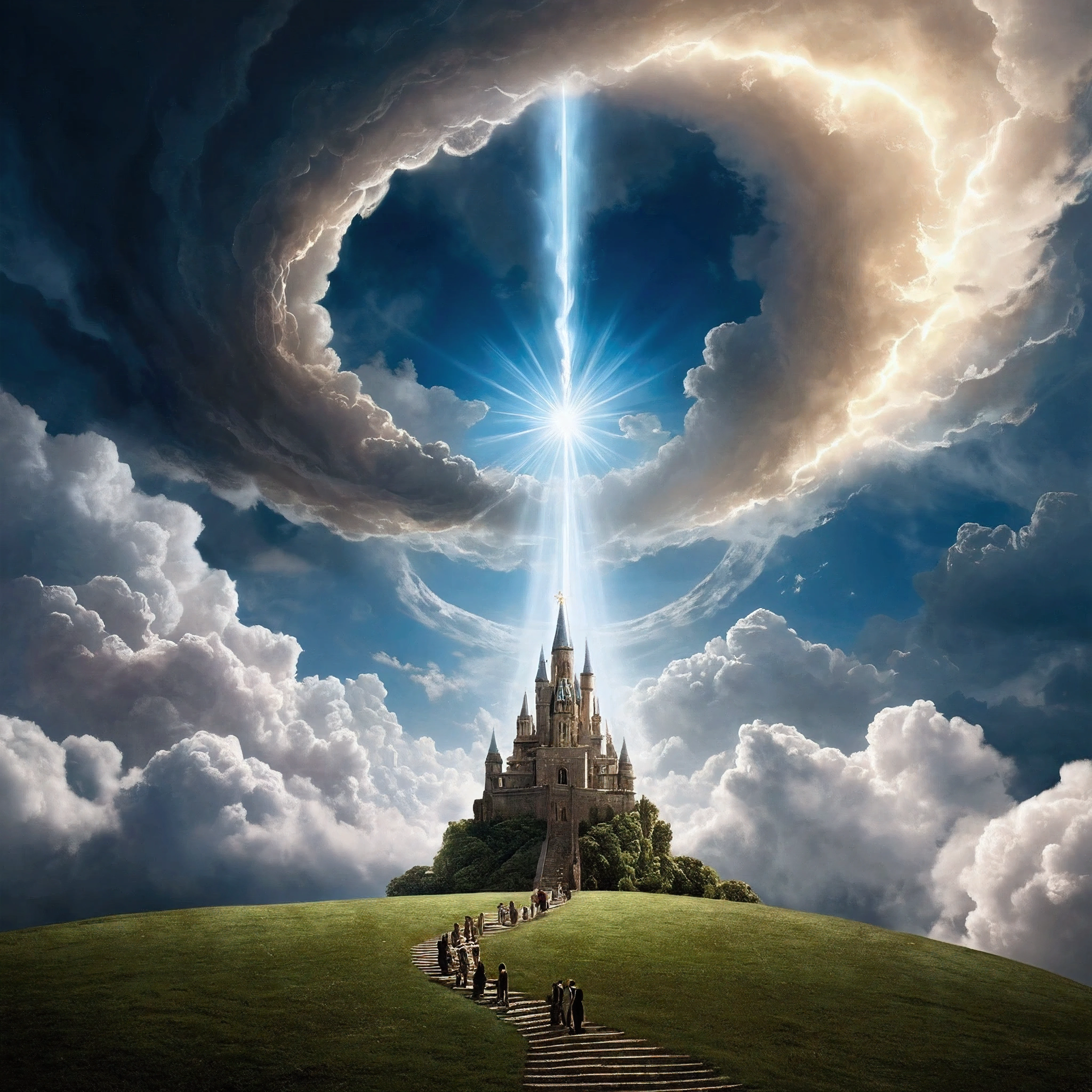 Ascending from heaven, divine ray of light, big castle on the background, people who have betrayed him gathered around, looking helpless seeing what is ascending from heaven, he who have been betrayed lying on the ground, lifeless empty husk, cloudy sky spiral clouds, divine ray emerging from the centre of the spiral clouds, a pale fragile yet omnious otherworldly goddess emerging from the spiral of clouds,