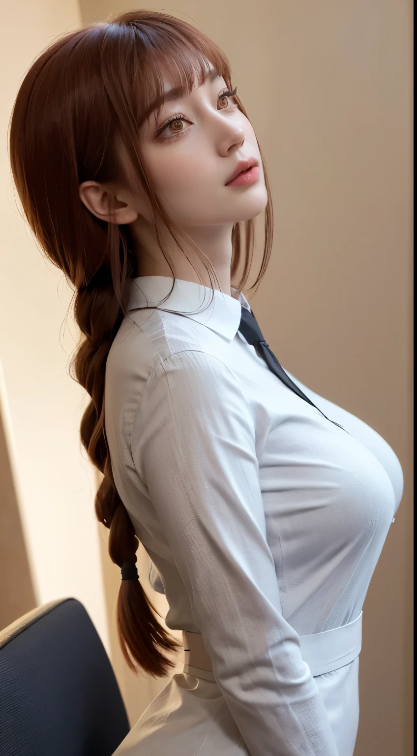 (best quality, master part, fullcolor, Dynamic angle, highest detailed) upper body photo, glad, (Makima, chainsawman), handsome fashion photography (red long hair) Kizi (Stunning mature woman), ((Massive medium breasts)), High Dress Up Detailed Office Makima Suit, white shirt black tie(high resolution textures), in doggy pose, bokeh, (details Intricate, hyperdetailed:1.15), circunstanciado, sunlight passing through hair, office background, (offcial art, extremely detaild, highest detailed),