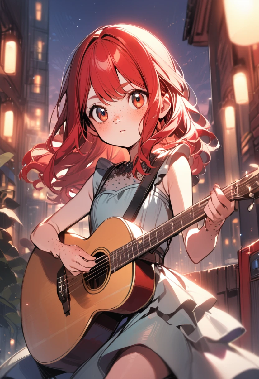 young girl(red hair, freckles, dress, big eyes), playing guitar, evening