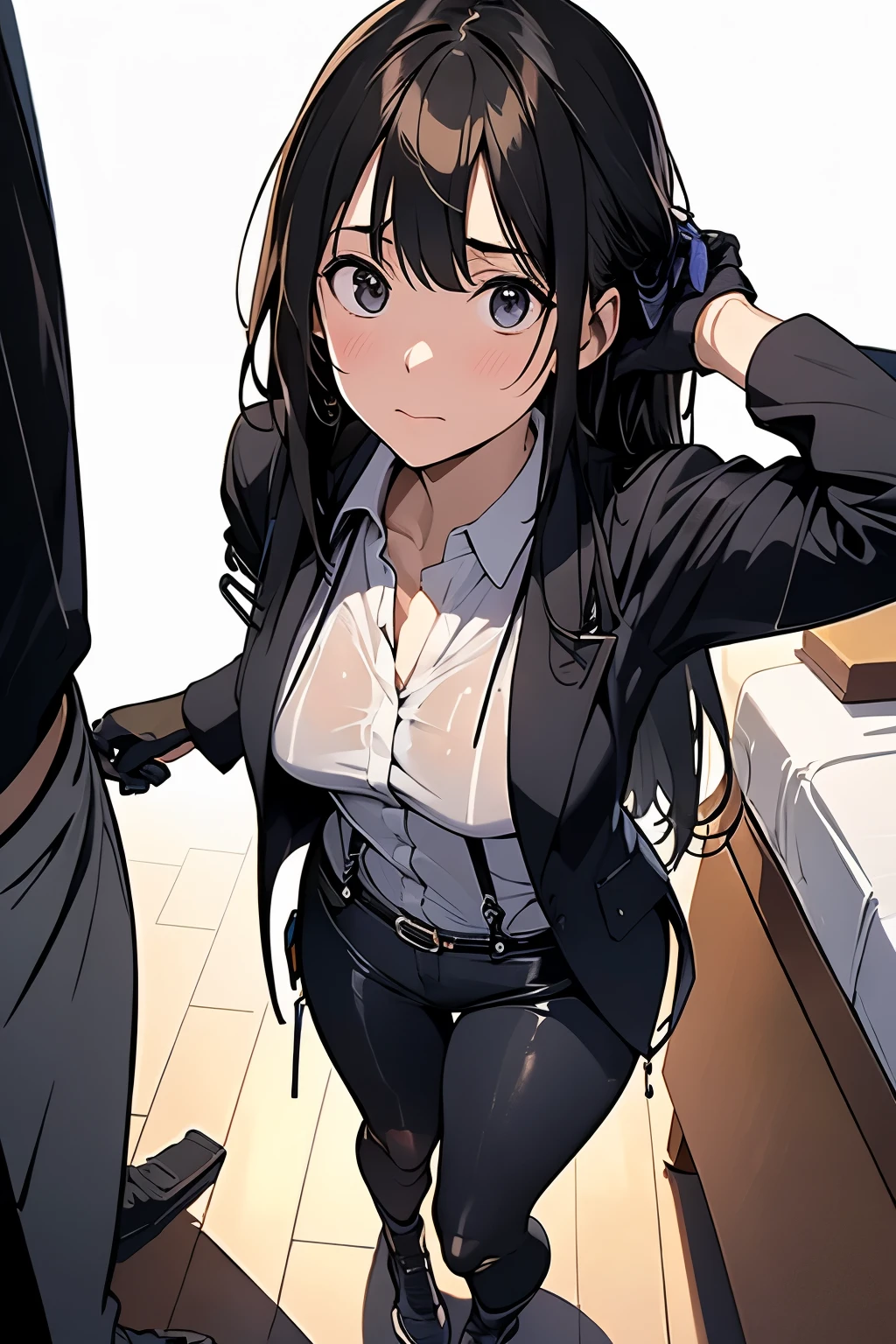 1 female, , high quality, masterpiece, Ultra-high resolution, , Cinema Lighting, , , And the suspenders with the cranes flying Large Breasts Small face holster Lying in bed Looking up Sweat belt summer 脇Sweat Black Hole Gloves suit shirt Black jacket Black trousers Leg Links ズボンにbelt holster Hands behind your back Anxious expression Looking up Anxious face, legs apart Armament Cable ties レッグholster holster See-through clothing heavy rain Getting wet in the rain
