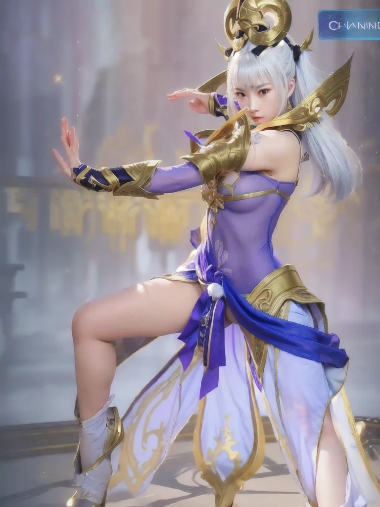 purple-dressed woman, spellcasting pose, full body xianxia, zodiac knight girl, kda, inspired by Ju Lian, fighting pose, inspired by Li Kan, fighter pose, fighting pose, zodiac girl knight portrait, fighting game character, chun li