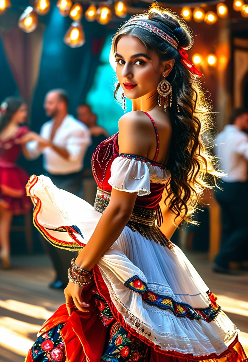 (Best quality，8k，high resolution，masterpiece:1.2)，Ultra Detailed，1 girl，Stunning young dancer，Gypsy Dancer，(Amazing dance:1.9)，Beautiful dance costume，Jewelry，Accessories，slim body，Sexy dancing，French Country Bar，Lively stage，Cheerful atmosphere，The artist&#39;s works，painting，A masterpiece，Vibrant colors，Physically based rendering，Clear focus，Ultra HD，(Vision:2.0)，(Use a wide-angle lens to shoot the whole body:2.2)，(in style of Jasmine Becket-Griffith, full-length portrait of a dancer in a living room)