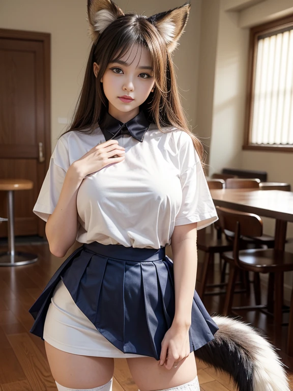 ((Highest quality, 8k)), ((masterpiece)), (Highest Resolution), Perfect Face, fox girl, high school girl, Beautiful woman, public, Has one tail, She has thick thighs, a large tail, She has a yellow fox tail., She wags her tail, Troubled face, fur collar, She wears a short skirt, Beautiful Hips , Big Breasts, The skirt is rolled up with a big tail